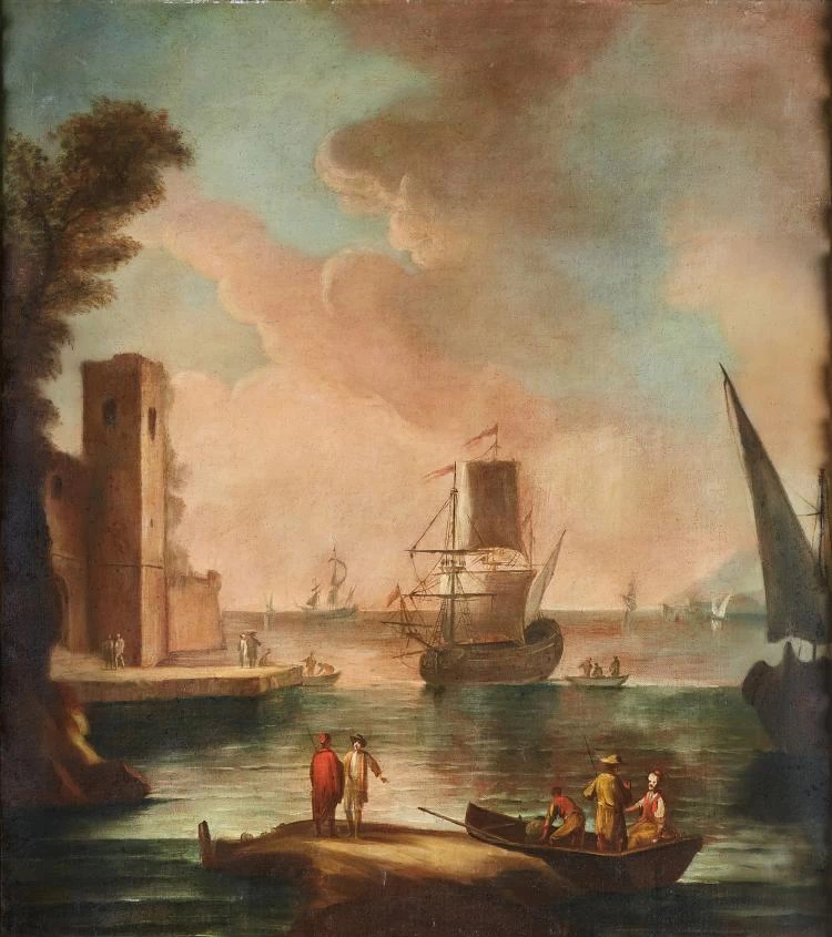 Paesaggio con porto e personaggi